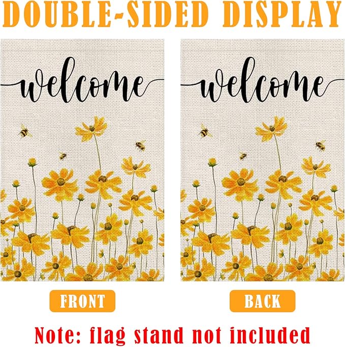 Spring Summer Floral Welcome Garden Flag with LED Lights, 12 x 18 Inch Double Sided Vertical Burlap Sunflower Bee Lighted Garden Flag for Seasonal Holiday Outdoor Yard Decoration