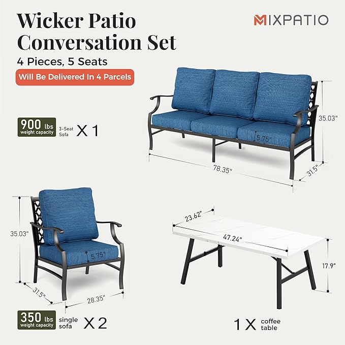 Patio Furniture Set 4 pcs, Metal Outdoor Patio Furniture, 3-Seat Sofa, 2 Single Chairs, Coffee Table and 5.75" Extra Thick Cushion, Conversation Set for Backyard Deck, Gemstone Blue