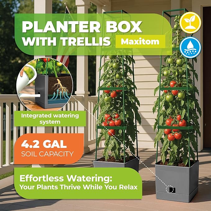 Bio Green 2 Pack Garden Tomato Planter MAXITOM, with Plant Support Trellis 59 inch and Self Watering, 4,2 Gal Planter Box for Climbing Vegetables Plants, Gray