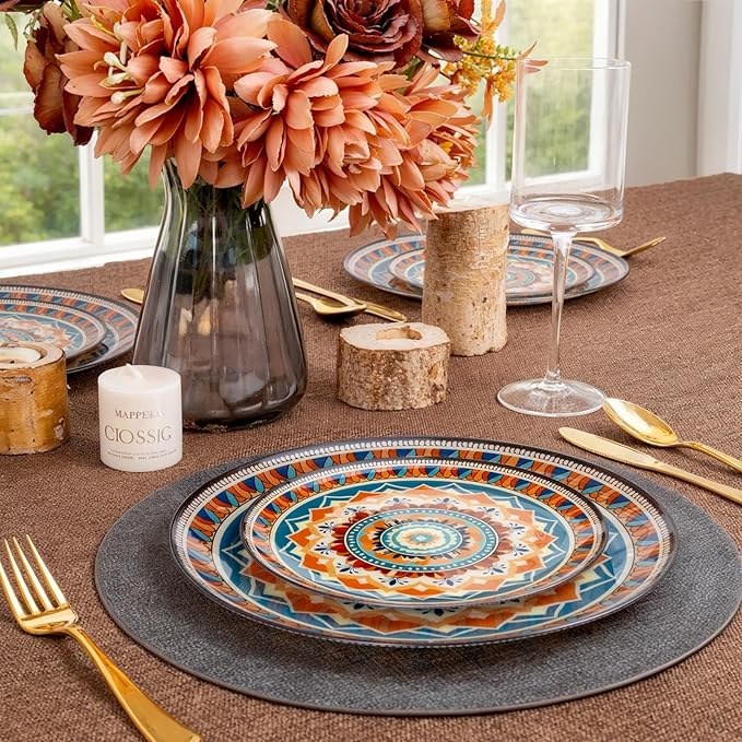 60PCS Bohemian Plastic Plates - Boho Plate Disposable - Vintage Bohemian Style Plate Include 30 Dinner and 30 Dessert Plates for Kitchen Party Decorative