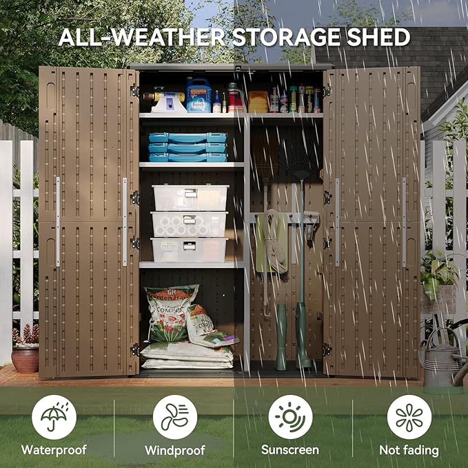 Aoxun Outdoor Storage Shed with Metal Shelving Kit & Floor, 64 Cu.Ft Large Outdoor Storage Cabinet, Waterproof Vertical Resin Shed for Garden Tools, Pool Equipment, Brown