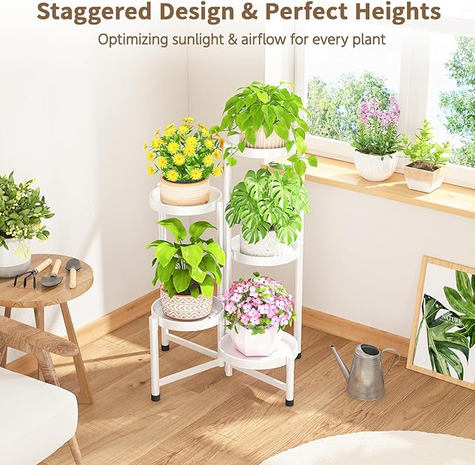 LASZOLA 5 Tiered Folding Plant Stand Indoor for Multiple Large Planter, Tall Heavy Duty Adjustable Rack with Rust Proof 10 Inch Wide Tray, Sturdy Vertical Tree Organizer for Narrow Inside Floor, White