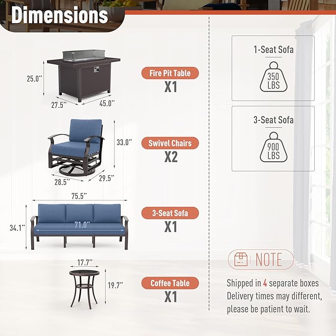 Kurapika Aluminum Patio Furniture Set 5-Seat Modern Metal Outdoor Conversation Sets w/45in Propane Fire Pit Table, Swivel Rocking Chairs Patio Sectional Sofa w/5.1in Cushion, Navy Blue