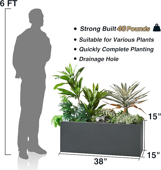 Wallowa Metallic Heavy Long and Large Outdoor/Indoor Planter Box, 38”Lx15”Wx15”H, 40Pounds, No Assemble and Seamless, Color Gray