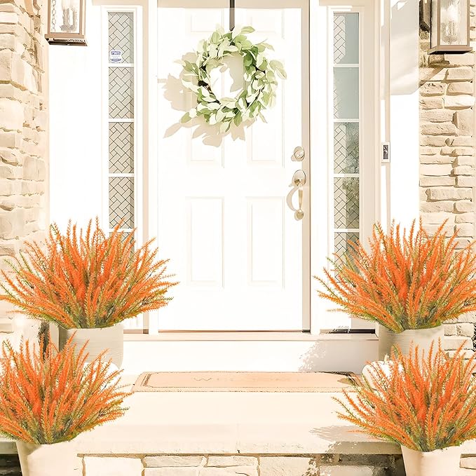 36 Pcs Artificial Fall Flowers Outdoor, UV Resistant Fake Lavender Flowers Faux Plastic Fall Plants Shrubs Bushes for Indoor Outside Planters Porch Window Box Patio Home Decor（Orange）