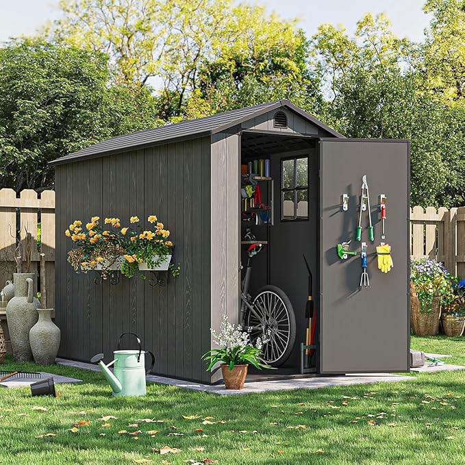 Patiowell 4 x 8 FT Plastic Outdoor Storage Shed with Floor, Garden Tool Shed with Two Windows and Single Lockable Door for Garden, Backyard, Lawn, Easy to Install (Deep Grey) (Fit-it Shed)