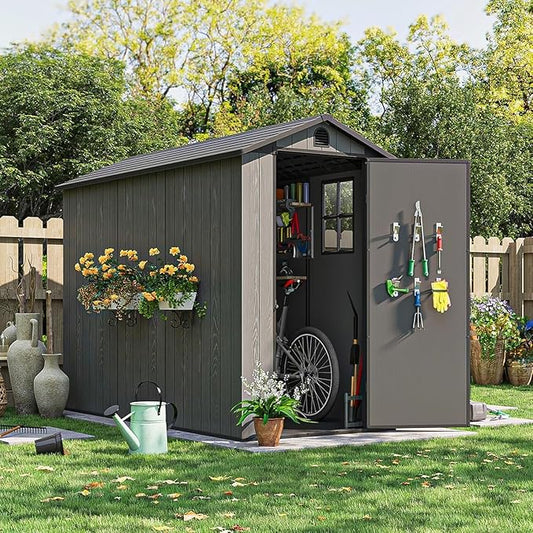 Patiowell 4 x 8 FT Plastic Outdoor Storage Shed with Floor, Garden Tool Shed with Two Windows and Single Lockable Door for Garden, Backyard, Lawn, Easy to Install (Deep Grey) (Fit-it Shed)