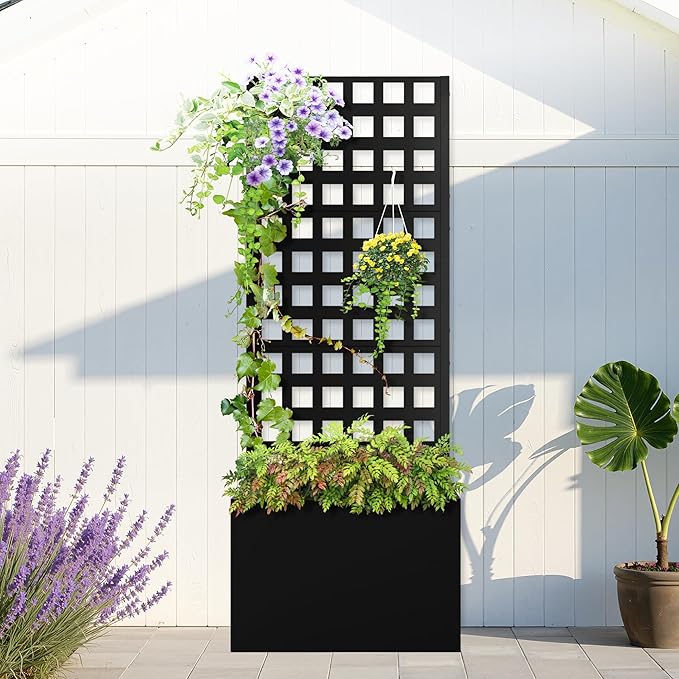 Metal Planter Box with Trellis, Planter Box with Privacy Screen, Privacy Trellis Outdoor for Climbing Plants with Drainage Holes, Raised Garden Bed for Vegetables