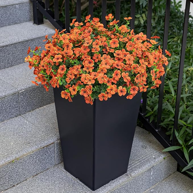 20 Bundles Artificial Flowers for Outdoor Fake Plants for Spring Decoration,Faux Eucalyptus Flowers for Planter UV Resistant Lifelike for Home Porch Garden（Orange）