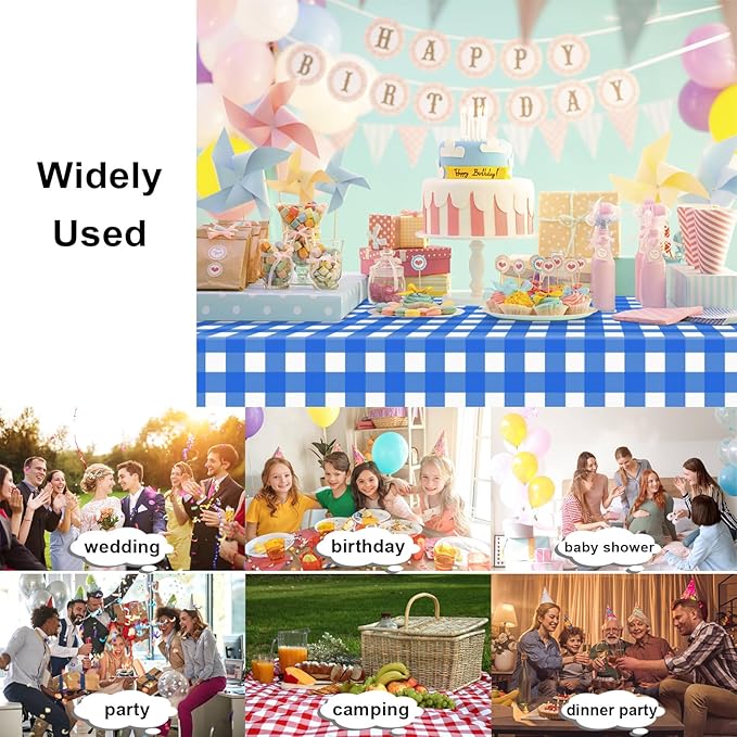 2 Pack Navy Blue and White Checkered Tablecloth, Dark Blue Plastic Table Cloths for Parties Disposable, 54 x 108 inch Waterproof Blue Gingham Camping Tablecloth for Birthday, Party, Picnic