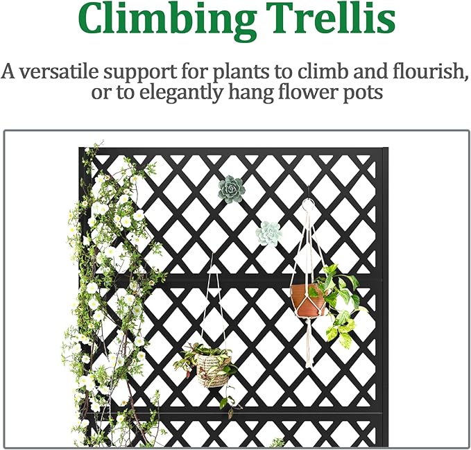 Metal Raised Garden Bed with Trellis and Wheels, 2 in 1 Trellis with Planter Box & Privacy Screen for Climbing Plants, Outdoor Standing Flower Beds with Drainage Holes, 35.4"L x 15.7"W x 70.9"H, Black