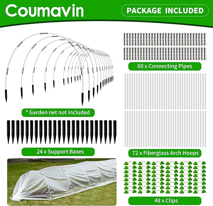 72 PCS Greenhouse Hoops for DIY Grow Tunnel Set, Garden Hoops for Raised Beds Row Cover, Flexible Fiberglass Plant Hoop Frame Support DIY Hoops Kit Garden Stakes for Outdoor, White