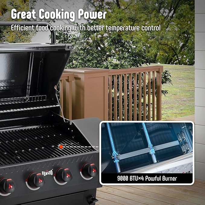 4 Burner Gas Grill, Outdoor BBQ Grill with Side Table for Patio & Backyard Barbecue, Enameled Coated Chamber Body with Porcelain-Enameled Grates, Grilll Cover Included, 36,000 BTU, Black