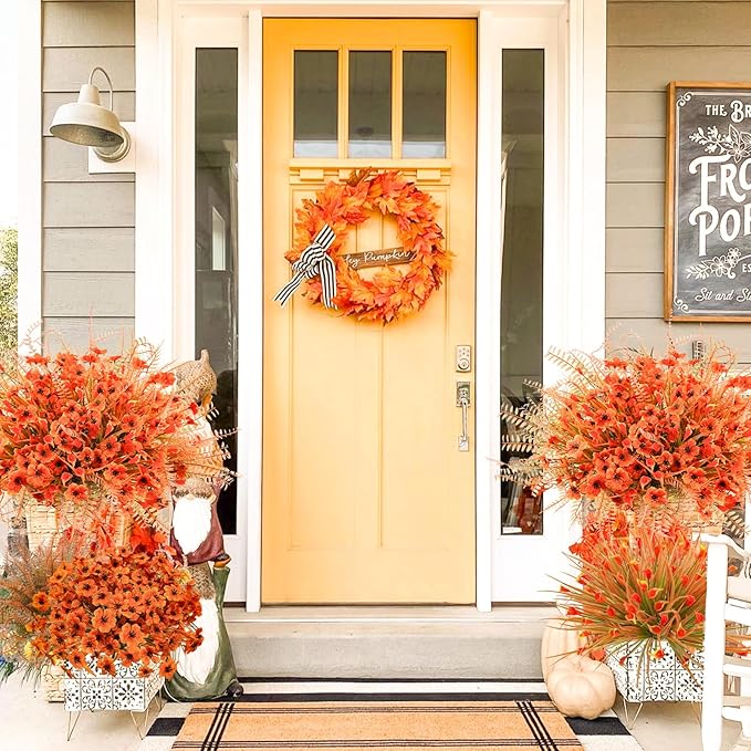 Uieke 72PCS Artificial Mums for Outdoors Fake Fall Outdoor Violet Flowers Orange Calla Lilly and Autumn Ferns No Fade for Outside Window Box Porch Planters Garden Decor