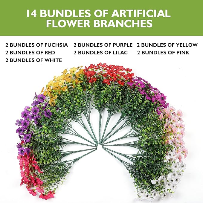 14 Bundles Artificial Flowers UV Resistant for Patio Outdoors Fake Faux Silk Plants Realistic Plastic Flowers Indoors Porch Window Decoration (14, Mixed Fuchsia Purple Yellow Red Lilac Pink White)