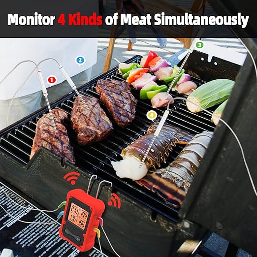 Digital Meat Thermometer - Cooking Food Oven BBQ Smoker Grill Thermometer for Grilling Smoking - Wireless Meat Thermometer with 4 Temperature Probes