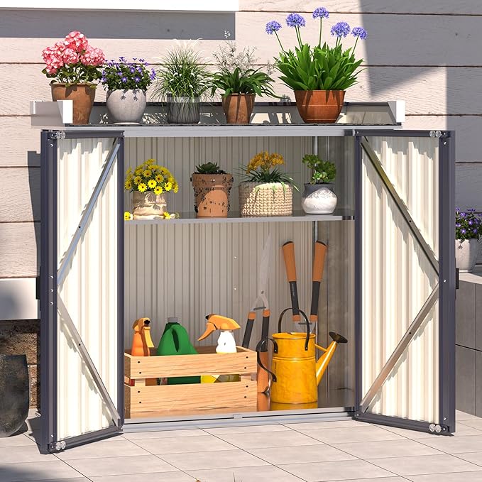 AECOJOY Outdoor Storage Cabinet Waterproof, Outside Metal Sheds & Outdoor Storage Garden Cabinet with Adjustable Shelves for Gardening Tools and Plants, Grey