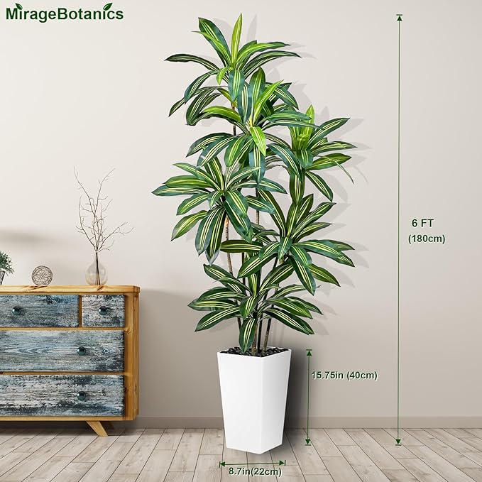 Artificial Dracaena Tree 6FT Tall Fake Plant with White Pot - Realistic Faux Dragon Tree with Tall Planter - Indoor Floor Plant for Home, Office,Mall, Living Room, Bedroom Decor (White - Planter, 6ft)