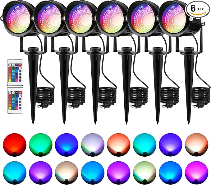 Halloween RGB Spot Lights Outdoor, Color Changing LED Landscape Lights with Remote Control IP65 Waterproof Landscape Lighting with Plug for Yard Tree Path Garden Decorative, 6 Pack