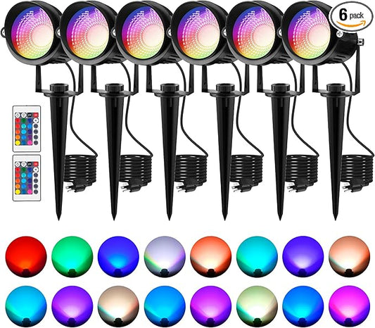 Halloween RGB Spot Lights Outdoor, Color Changing LED Landscape Lights with Remote Control IP65 Waterproof Landscape Lighting with Plug for Yard Tree Path Garden Decorative, 6 Pack