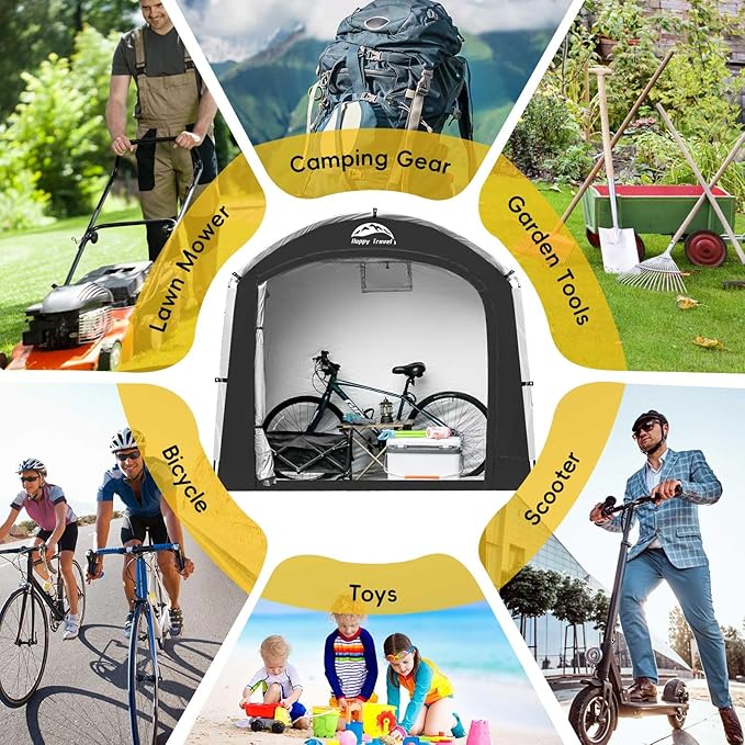 Happy Travel Bike Storage Shed Tent,Outdoor Portable Bicycle Storage Sheds with 210D Oxford Fabric PU4000 Waterproof for 2/3/4/6/8 Bikes,Bike Covers Shelter for Motorcycle,Garden Tools,Toys,Lawn Mower