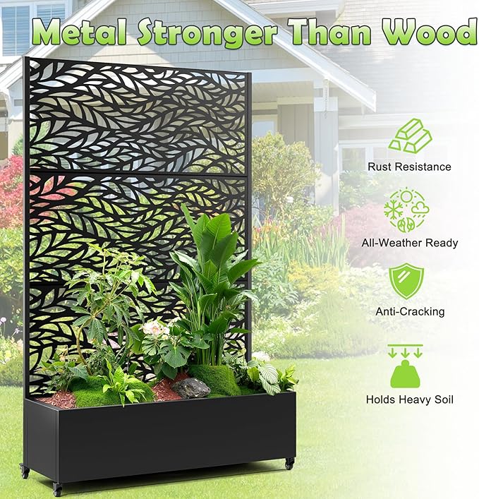 15.7"×70.9"×47.2" Metal Raised Garden Bed with Trellis and Wheels - Tall Trellis Planter Box for Climbing Plants, Vegetables & Vines - Outdoor Privacy Planters for Patio (Black-Spring)