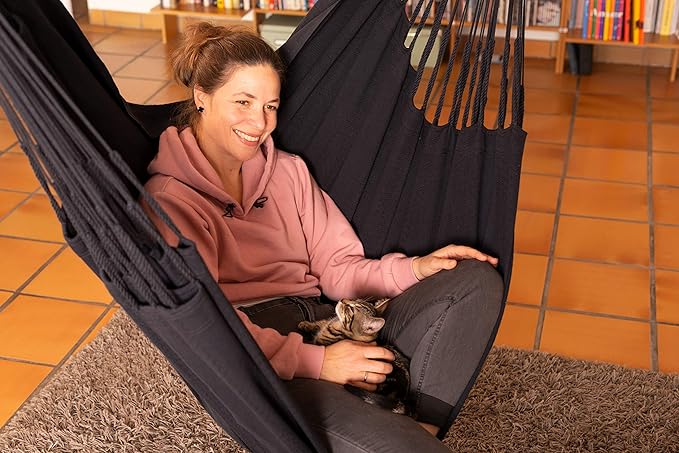LA SIESTA Habana Hammock Chair, Indoor or Outdoor, Ideal for Sitting or Lying Down, Cotton Hammock, Patio, Swinging Chair, Boho, Max 355 Lbs, King, Onyx