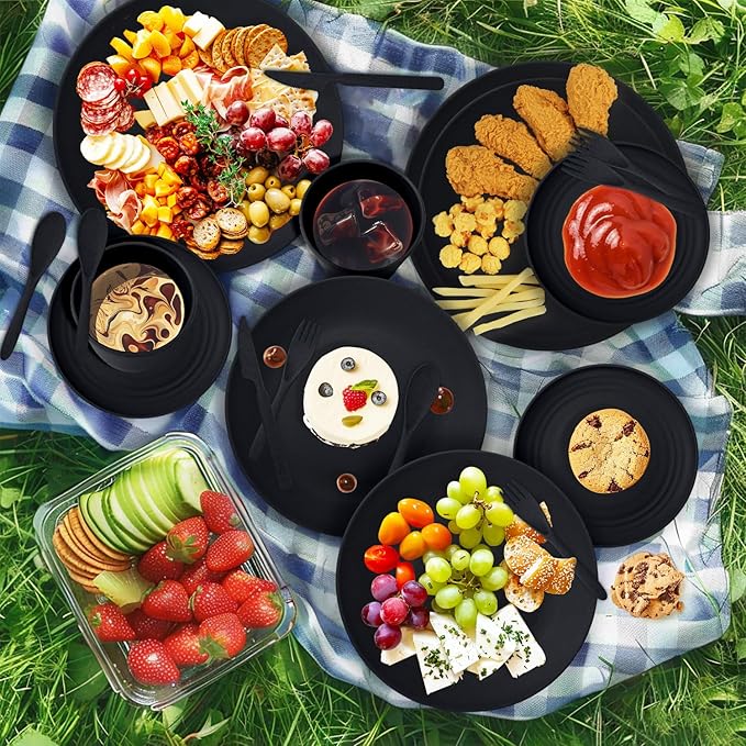 Wrova Wheat Straw Plate and Bowl sets with cups and cutlery set of 64- Unbreakable Dinnerware sets service for 8 - Microwave and Dishwasher safe dish sets for kitchen,camping.Black