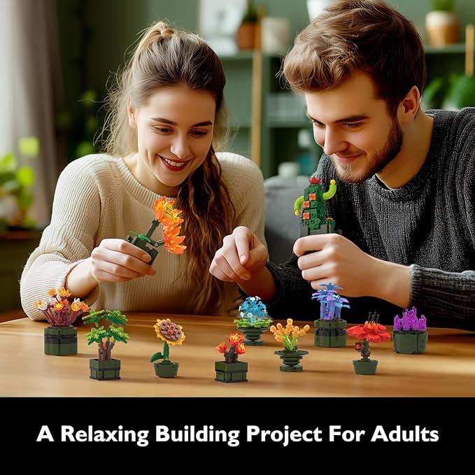 JMBricklayer Flowers Succulents Building Sets for Adults 10001, 12 Pack Tiny Plants Botanical Collection Display for Room Decor, Bonsai Flowers Building Blocks Gifts for Women, Cute Succulents