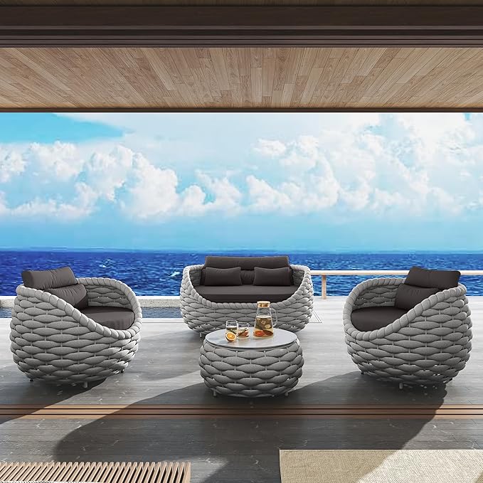 TWT 4 Pieces Aluminum Patio Furniture Set, Modern Outdoor Patio Furniture with Coffee Table, No Assembly Required Outdoor Conversation Set with Dark Grey Cushions for Balcony, Porch, Lawn