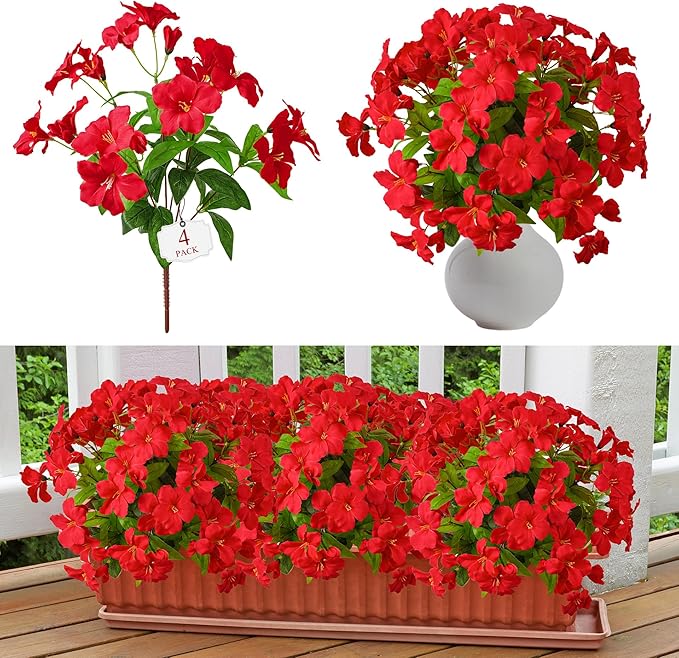 Fake Plants Artificial Flower Outdoor Plastic Flowers for Outdoors 15.7" Artificial Azalea Flowers Fake Flowers Artificial Plants Outdoor Flower Artificial for Decor Silk Flowers (Red) 4Pcs