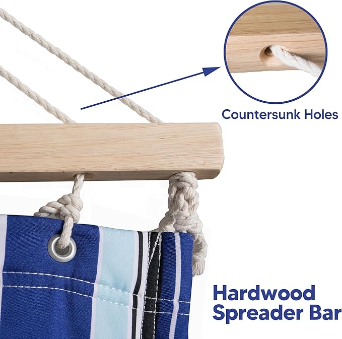 SUNCREAT Hammocks Quilted Fabric Hammock, Double Hammock with Spreader Bar, Soft Pillow, Max 475lbs Capacity, Blue Stripes