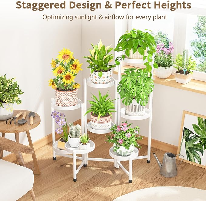 LASZOLA 8 Tiered Folding Plant Stand Indoor for Multiple Large Planter, Tall Heavy Duty Adjustable Rack with Rust Proof 10 Inch Wide Tray, Sturdy Vertical Tree Organizer for Narrow Inside Floor, White