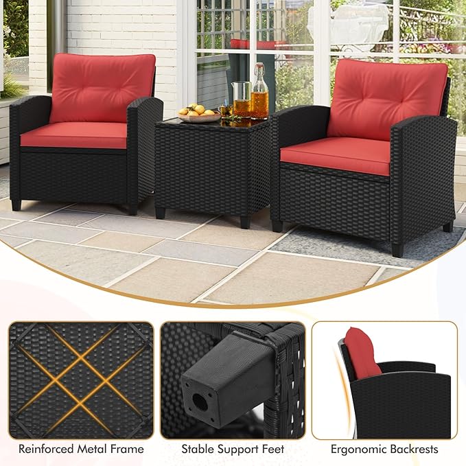 HAPPYGRILL 3 Pieces Wicker Patio Conversation Set, PE Rattan Bistro Sofa Set with Tempered Glass Coffee Table, Washable Cushions, Outdoor Furniture Set for Garden Poolside Balcony (Red)