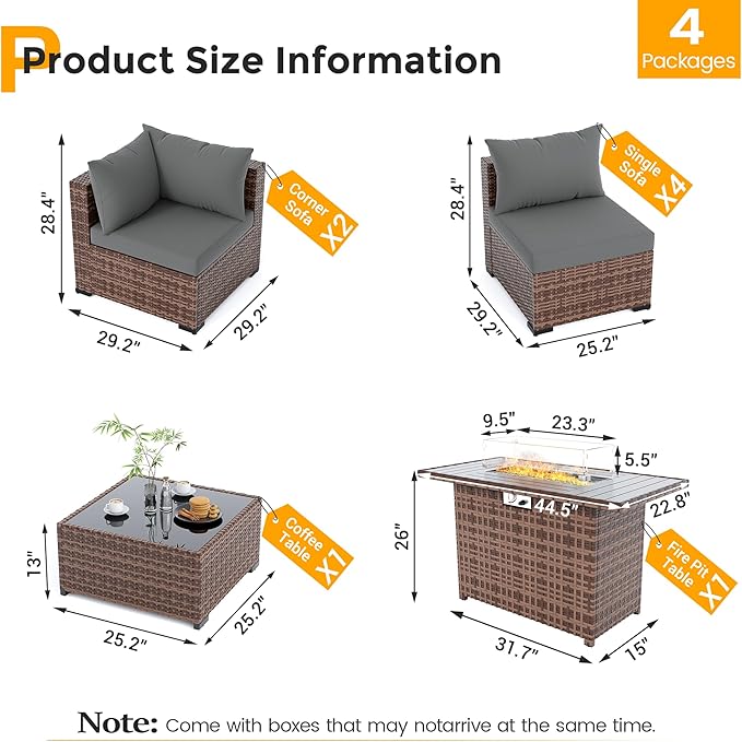 UDPATIO Outdoor Patio Furniture Set with Fire Pit Table, 8 Piece Outdoor Sectional Sofas, All-Weather Wicker Patio Conversation Set for Garden, Backyard Dark Grey