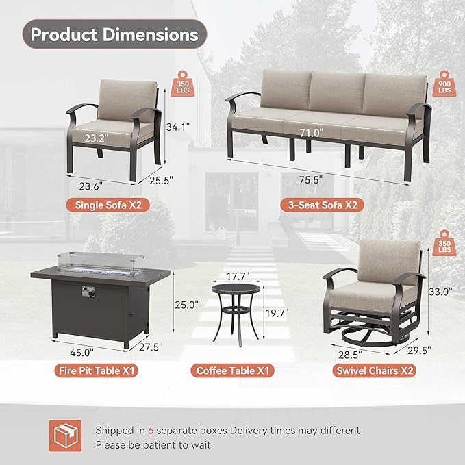 Kurapika Aluminum Patio Furniture Set 10-Seat Modern Metal Outdoor Conversation Sets w/45in Propane Fire Pit Table, Swivel Rocking Chairs Patio Sectional Sofa w/5.1 Inch Cushion, Sand