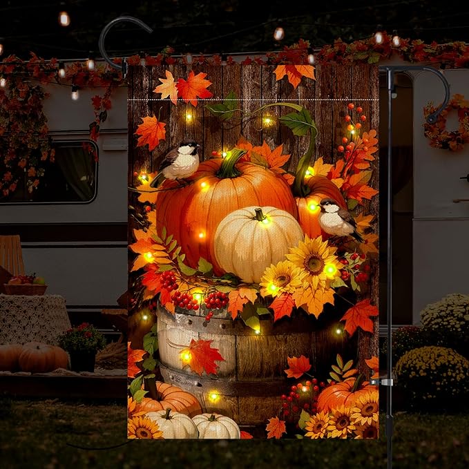 Fall Thanksgiving Pumpkin Garden Flag with LED Lights, Halloween 12 x 18 Inch Double Sided Vertical Burlap Cardinals Bird Fall Garden Flag for Seasonal Holiday Outdoor Yard Decoration