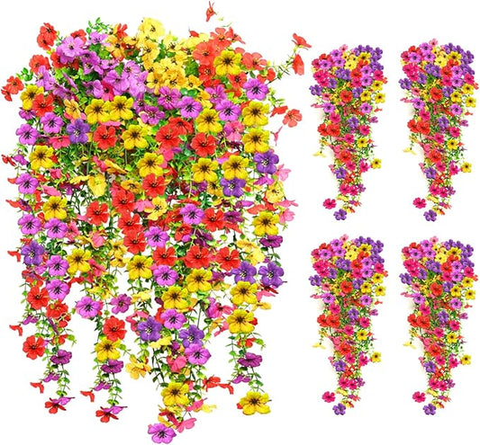 8PCS Artificial Hanging Flowers for Outdoors,Hanging Outdoor Faux Plants,UV Resistant Fake Flowers for Outdoor Planters,Realistic Fake Plants Spring Decor for Porch,Patio,Yard (RedYellowPurple)