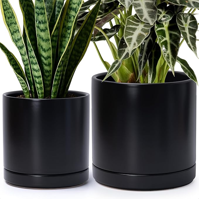 D'vine Dev 8.2 Inch & 10 Inch Ceramic Planter Pot for Plants with Drainage Hole and Saucer, Large Plant Pots Set, Black, 94-G-L-2