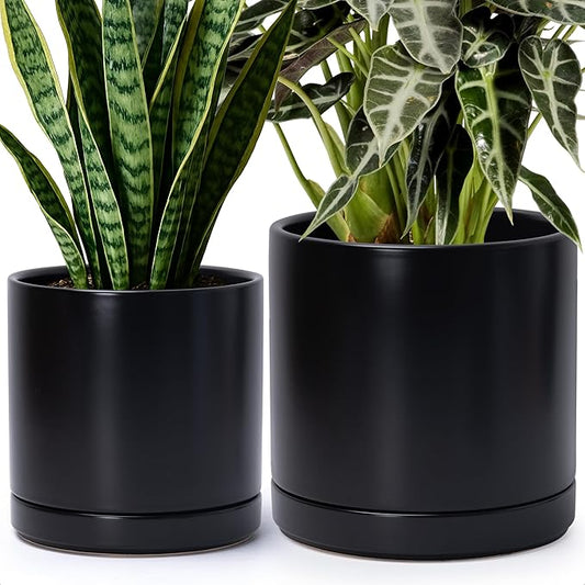 D'vine Dev 8.2 Inch & 10 Inch Ceramic Planter Pot for Plants with Drainage Hole and Saucer, Large Plant Pots Set, Black, 94-G-L-2