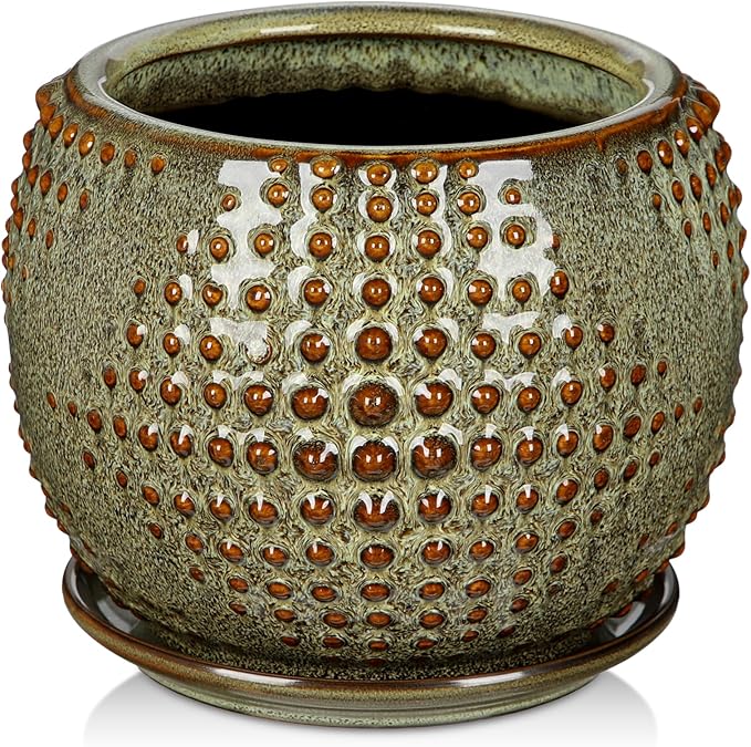 Ceramic Pot for Indoor Plants, 7 inch Plant Pot with Drainage Hole and Saucer Decorative Brown Planter with Saucer Indoor Outdoor Flower Pots for Succulent Snake Plant Pothos Orchid