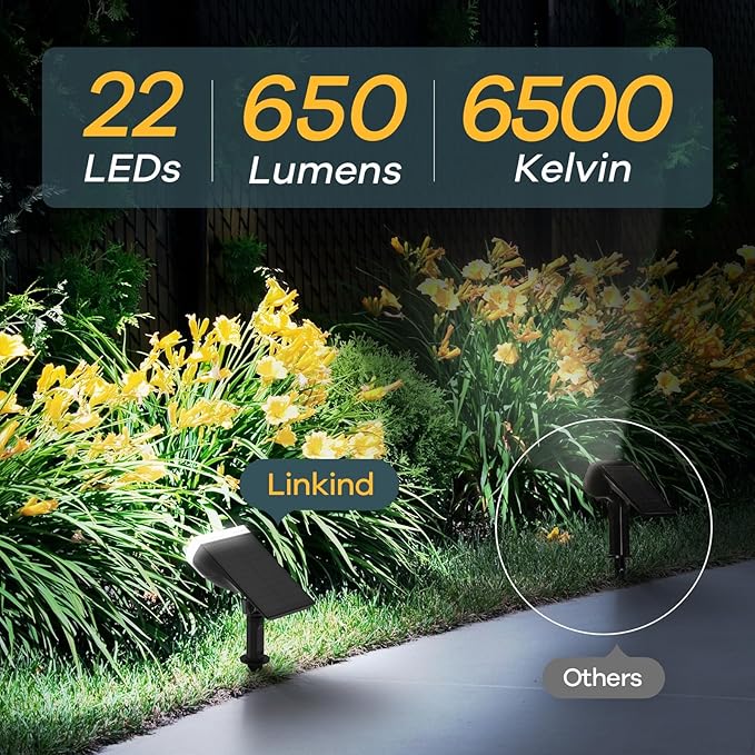 Linkind Solar Lights Outdoor Waterproof IP67, StarRay Dusk-to-Dawn Outdoor Solar Lights, 3 Lighting Modes Solar Spot Lights Outdoor for Garden, Yard, Landscape (Daylight, 2 Pack)