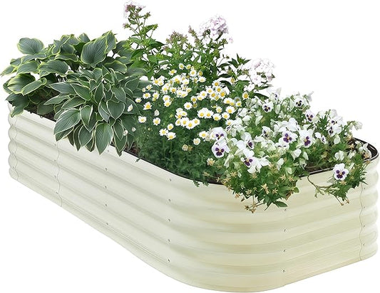 Galvanized Steel Raised Garden Bed 8x2ft Oval - 17" Tall 9-in-1 Modular Planter Box for Vegetables/Flowers, Rust-Proof Metal Outdoor Planters Rubber Edging (White)
