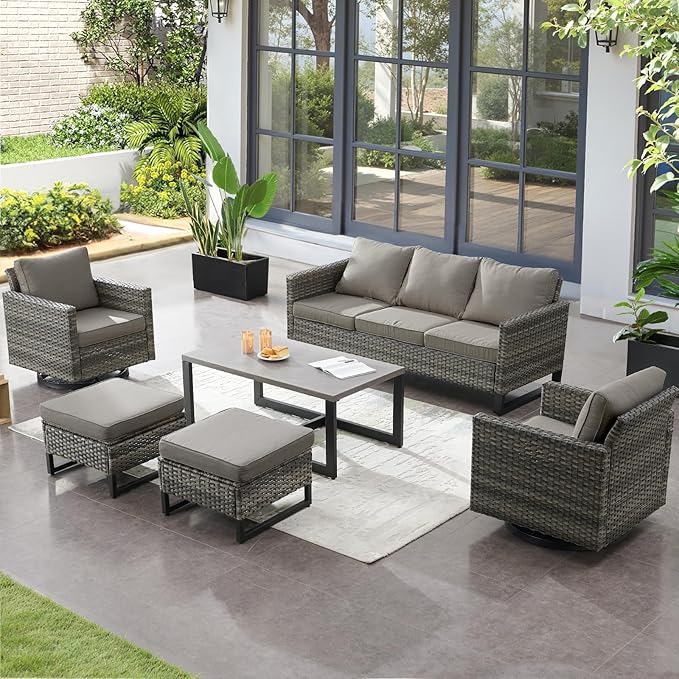 6 Pieces Patio Furniture Set-All Weather Outdoor Swivel Rocker Patio Chairs with 3-Seat Section Couch and Rattan Coffee Table Outdoor Conversation Sets for Garden Backyard Deck(Grey/Grey)