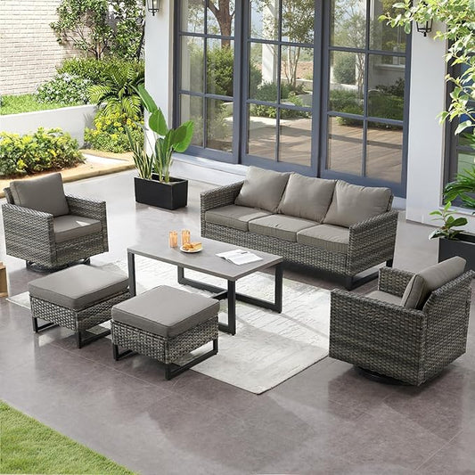 6 Pieces Patio Furniture Set-All Weather Outdoor Swivel Rocker Patio Chairs with 3-Seat Section Couch and Rattan Coffee Table Outdoor Conversation Sets for Garden Backyard Deck(Grey/Grey)