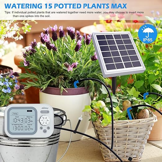 Solar Automatic Drip Irrigation System Houseplant Auto Self Watering Device Waterer for 15 Potted Plants Outdoor Indoor Garden Balcony Vacation While Away