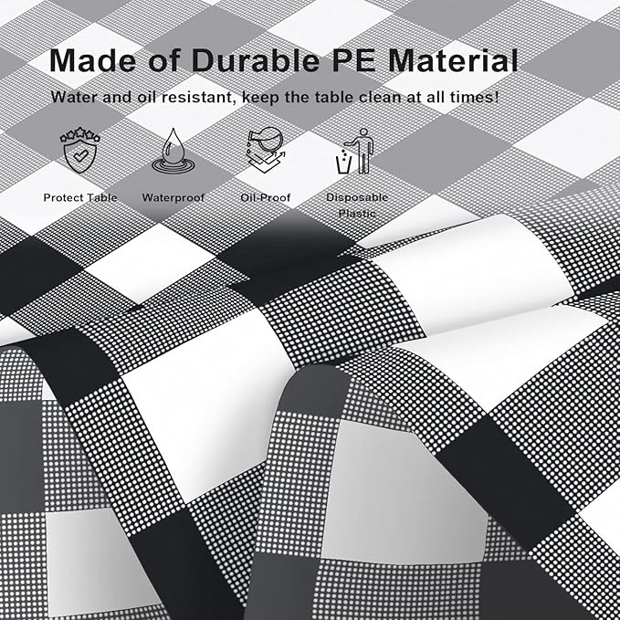 6 Pack Black and White Checkered Tablecloth, Black Plastic Table Cloths for Parties Disposable, 54 x 108 inch Waterproof Black Gingham Camping Tablecloth for Birthday, Party, Picnic, Halloween