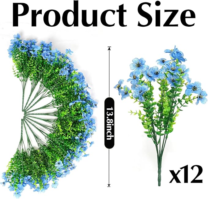 Artificial Flowers for Outdoors, 12 Bundles Outdoor Faux Plants,Uv Resistant Artificial Fake Flowers Plants, Realistic Spring Decor for Porch, Patio, Yard (Blue)