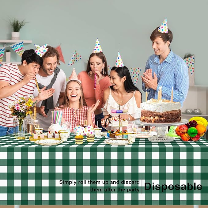 2 Pack Dark Green and White Checkered Tablecloth, Plastic Table Cloths for Parties Disposable, 54x108 in Waterproof Rectangular Gingham Camping Tablecloth for Birthday, Party, Baby Shower