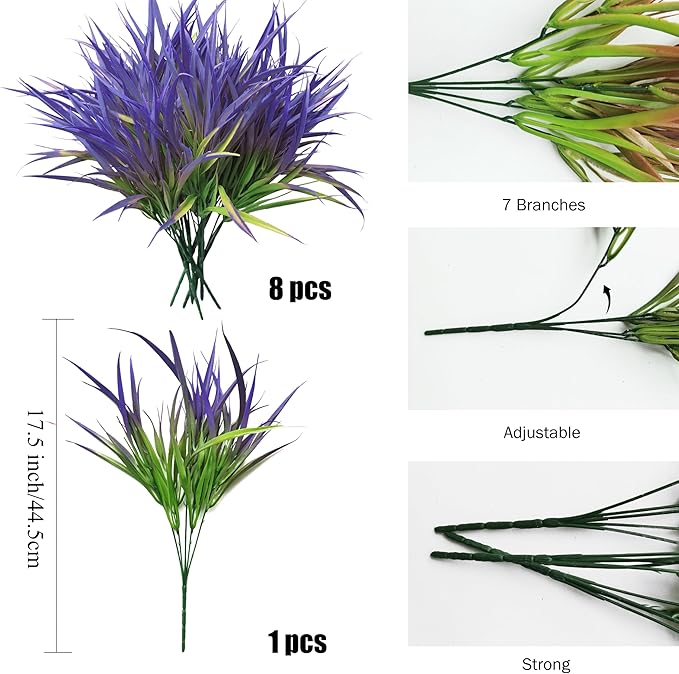 Outdoor Artificial Plants 8 Bundles Fake Plants Grass UV Resistant Fake Flowers Bush Greenery,17Inch Tall Faux Grass Shrubs for Home Porch Pathway Garden Décor Outside Indoor (Purple)